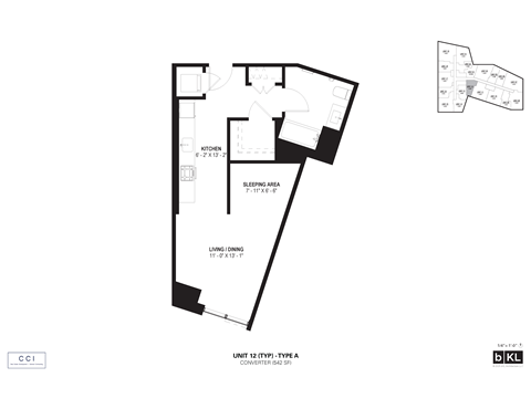 Floor plan for 1 bed, 1 bath, 542 sqft